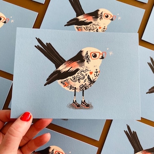 Long tailed titmouse print, 5x7 illustration, recycled paper, tattoo bird print, Canadian artist, tough birds, illustration retro drawing