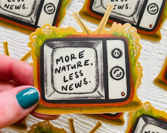 Less news tv sticker, retro television,  matte vinyl stickers, vintage style decal, illustration goods, nature theme, small easy gifts