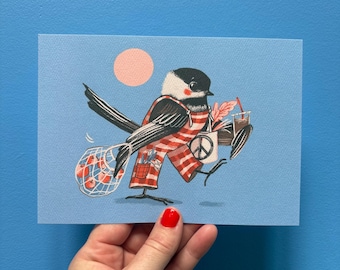 Market chickadee art print, 5x7 illustration art, recycled paper, nature theme print, Canadian artist, birds and nature retro neutral gift