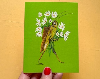 Grasshopper linen finish notecard,  gift greeting, envelope included, friendship blank note, romatic gift, gifts, colourful colourful art