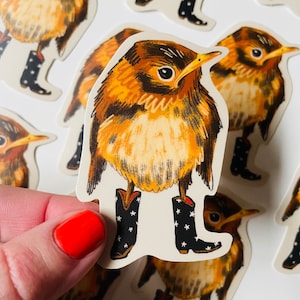 May include: A sticker featuring a cartoon robin wearing red, white, and blue star-patterned boots. The robin is perched on a branch with its wings spread out.