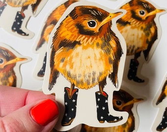 Cowboy wren sticker, vinyl stickers, little bird sticker, waterproof stationary, Canadian birds illustrations, western boots funny animal