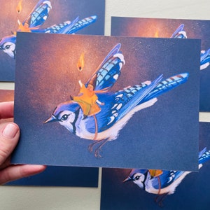 Blue Jay gnome art print, 5x7 art print, illustration art, recycled paper print, gallery wall print, Canadian artist, artist solstice light