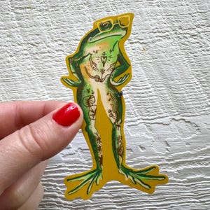 Peut inclure: Un autocollant découpé représentant une grenouille verte debout, portant des lunettes jaunes. La grenouille présente des tatouages complexes au trait noir sur le corps, incluant des motifs floraux, un cœur et des étoiles, sur fond jaune.