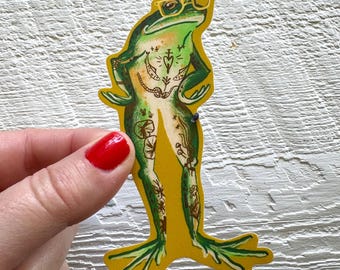 Tattooed hipster frog sticker, vinyl decal, toad waterproof stationary, pond, dishwasher safe, made in Canada, funny retro style matte gift