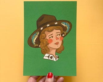 Trout Cowgirl art print, 5x7 illustration art, recycled paper, outdoor camp, Canadian artist gifts, western illustration retro drawing gift