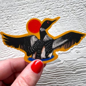 Loon and moon sticker, neutral bird stationary, vinyl decal, retro vintage colour, bird quotes, scratch proof, wild made goods, Canadian art