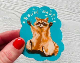 Little raccoon matte sticker, optimist quote decal, waterproof illustrated stationary, neutral gifts, Canadian animal kitsch gift, raccoons