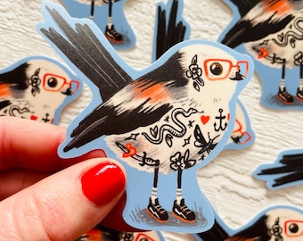 Long Tailed titmouse matte sticker, vinyl decal, tattoo glasses birds, waterproof stationary, neutral bird  gifts, kitsch gift stationary