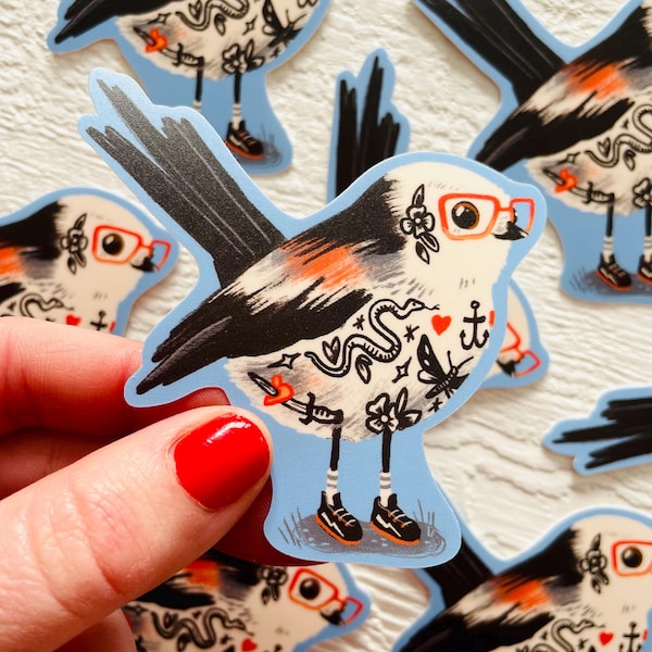 Pegatina mate de carbonero de cola larga, calcomanía de vinilo, pájaros con gafas de tatuaje, papelería impermeable, regalos de aves neutrales, papelería de regalo kitsch