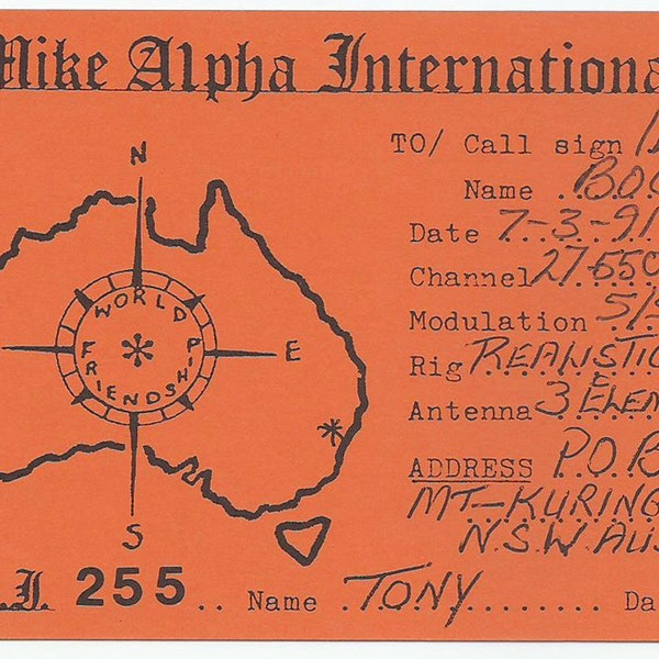 New South Wales Australia, Vintage QSL Card, Mike Alpha International, Australia Map, 1991