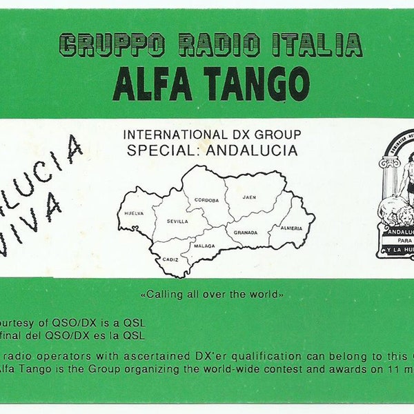 Andalucia Spain, Vintage QSL Card, Amateur Radio, Andalucia Map with Coat of Arms, 1992