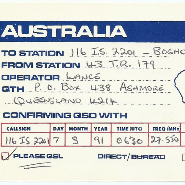 Queensland Australia, Vintage QSL Card, Australia Map, 1991