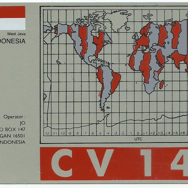 Sawangan Indonesia, Vintage QSL Card, World Map, 1991