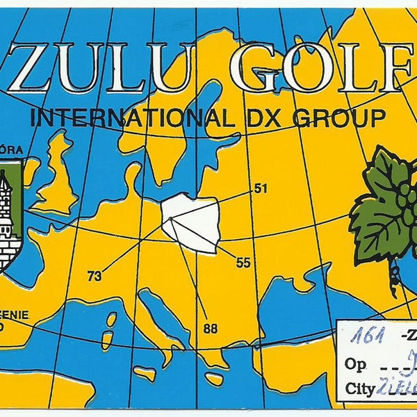 Zielona Gora Poland, Vintage QSL Card, Zulu Golf-International DX Group, Club Badge-Grape Illustration, 1993