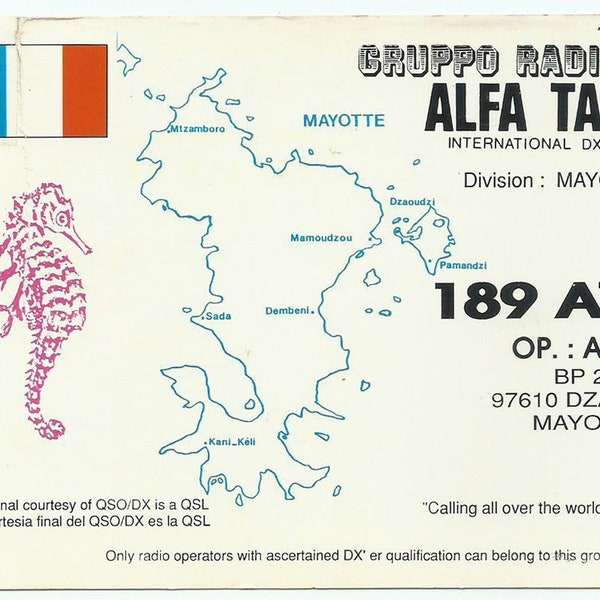 Mayotte France, Vintage QSL Card, Amateur Radio, French Flag, Seahorse Illustration, Mayotte Map, 1992