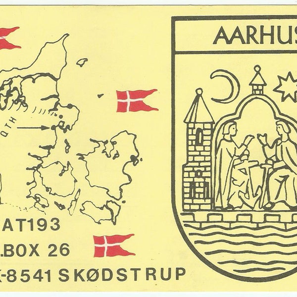 Aarhus Denmark, Vintage QSL Card, Map-Coat of Arms Illustration, 1991