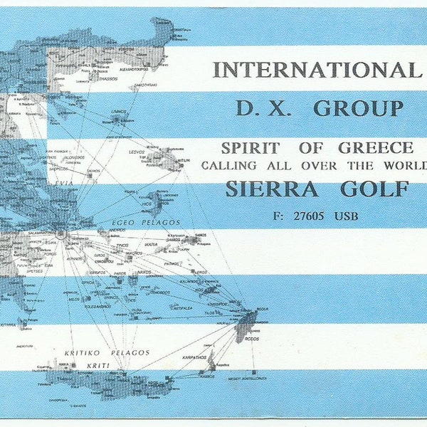 Athens Greece, Vintage QSL Card, Spirit of Greece, International DX Group, Sierra Golf, Greece Map with Greek Islands, 1992