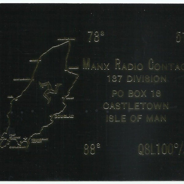 Castletown Isle of Man, Vintage QSL Card, Amateur Radio, Isle of Man Map with Coat of Arms, 1992