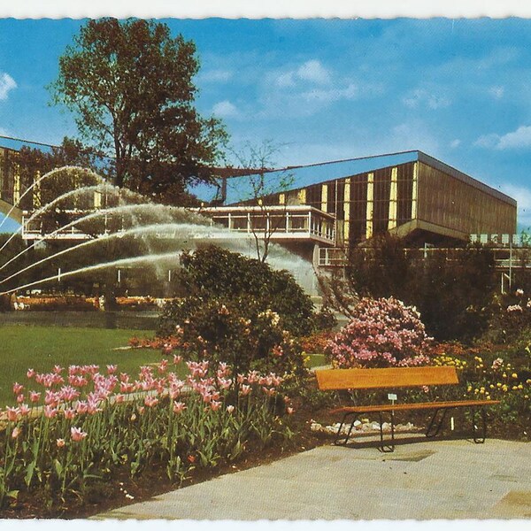 Grugapark Essen Germany, Vintage Postcard, Botanical Garden, Courtyard Entrance with Grugahalle, 1960s