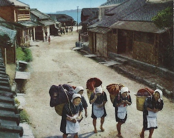 Joyeuses filles colporteuses au Japon, carte postale vintage, village de pêcheurs, souvenir du Japon