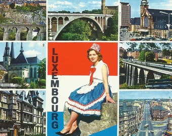 Luxembourg Souvenir, Vintage Postcard, 8 Views inc. Woman in Traditional Dress