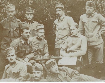 Group of Soldiers Playing Chess, Vintage Photo, Sepia Print, 1940s