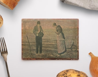 Peasants Praying, Vintage Miniature Painting, Thin Wood Surface, Inspired from The Angelus - Jean-François Millet