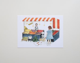 Grocery, Illustrated Postcard, Neighbourhood Series, Watercolor Illustration, New Cards Collection