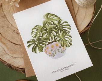 Set of 8 A6 Cards Monstera HOUSE PLANTS, Postcard, Greeting Card, Botanical Map, Plant Map, Illustrated Map, Monstera Illustration