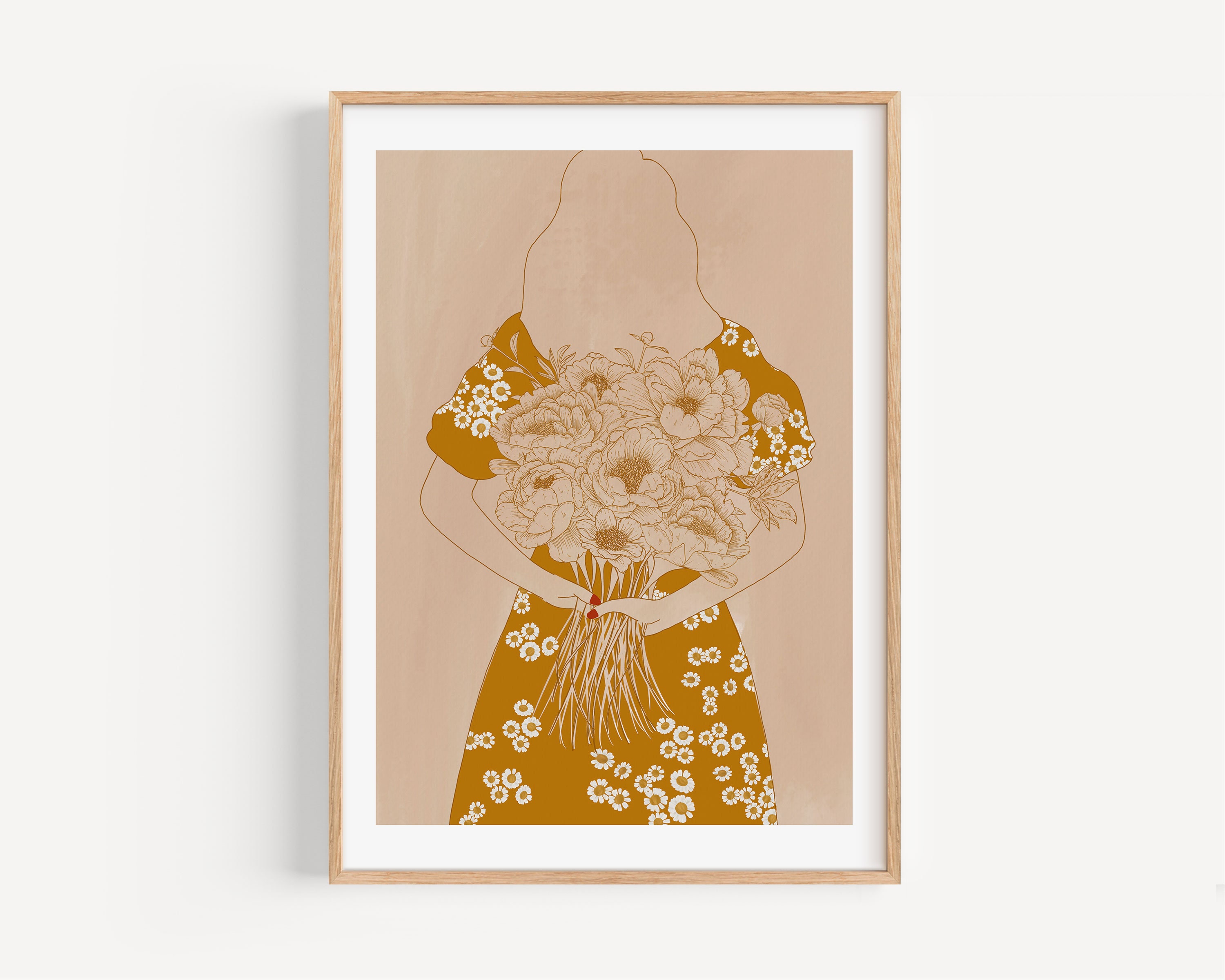 Affiche Fille Au Bouquet, Peinture, Illustration Bouquet de Fleurs, Poster Botanique, Affiche Plante