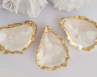 3 Gold & Pearl White Oyster Shell Trinket Dish. Ring, Jewellery Holder. Proposal, Wedding keepsake. Coastal Decor. Table Setting. Graduation