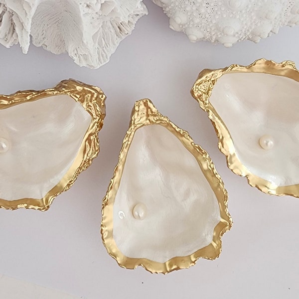 3 Gold & Pearl White Oyster Shell Trinket Dish. Ring, Jewellery Holder. Proposal, Wedding keepsake. Coastal Decor. Table Setting. Graduation