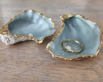 Set of 3 Duck Egg Blue & Gold Oyster Shell Trinket, Ring, Jewellery Dish. Freshwater Pearls. Coastal Decor. Wedding, Bridesmaid, Bride Gift