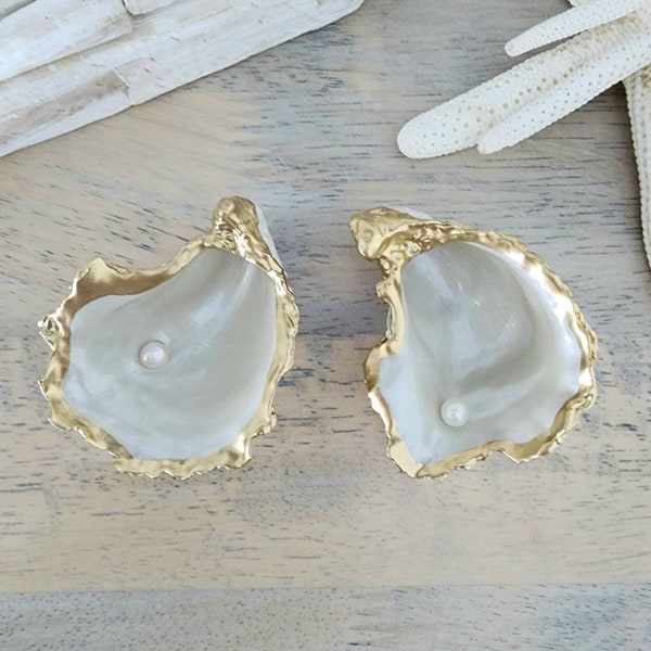 Set of 3 Gold, Sand & White Oyster Shell Trinket Dish. Ring, Jewellery Holder. Proposal, Wedding keepsake. Coastal Decor. Table Setting
