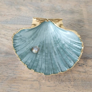 Set of 2 Eggshell Blue & Gold Scallop Shell W. Oyster Trinket, Ring ...