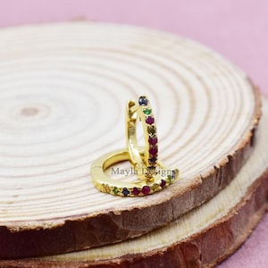 14K Yellow Gold Hoop Earring, Multi Sapphire Gold Hoop Earring, Gemstone Hoop Earring Jewelry