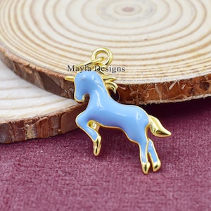 14K Yellow Gold Plated Unicorn Charm, Sky Blue Unicorn Charm, Beautiful Unicorn Charm, Lucky Unicorn Charm Jewelry