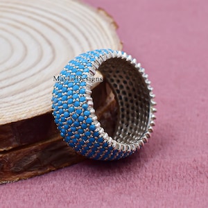925 Silver Turquoise Band Ring, Women's Turquoise Cigar Ring, Pave Turquoise Band Ring Jewelry, Handmade Ring Jewelry