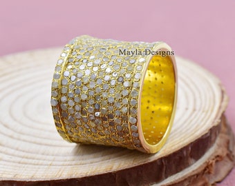 14K Yellow Gold Plated Diamond Ring, Diamond Cigar Band Ring, Handmade Diamond Cigar Ring, Wholesale Diamond Band Ring Jewelry