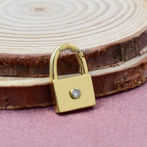 14K Yellow Gold Plated Padlock Clasp, Diamond Mini Padlock Clasp Lock, Spring Clasp Padlock, Vintage Necklace Jewelry Charm Lock