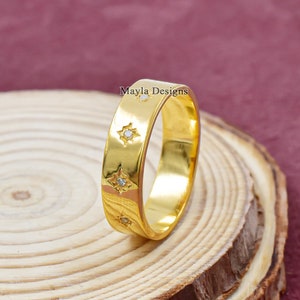 14k Yellow Gold Plated Diamond Band Ring, Women Cigar Band Ring, 925 Silver Gold Plated Band Ring, Designer Solid Band Ring Jewelry