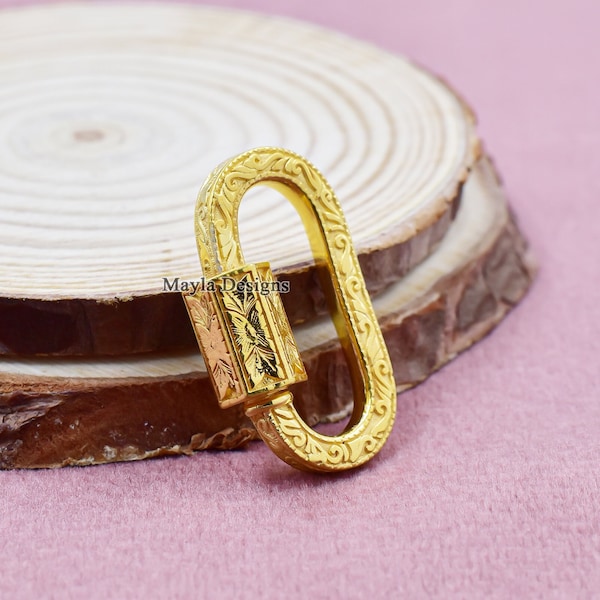 14K Yellow Gold Engraved Carabiner Lock, Handmade Charm (25x12 mm)