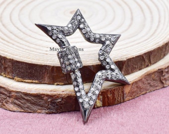 925 Sterling Silver Star Carabiner Lock –  Gray Plated, Diamond Accent, Designer Star Connector Jewelry