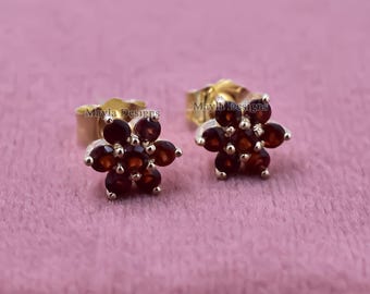 Handmade Garnet Floral Stud Earrings, 925 Sterling Silver, Yellow Gold Plated