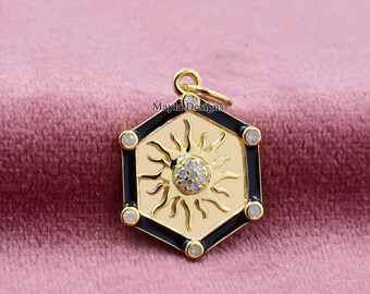 14K Yellow Gold Enamel Star Moon Pendant, Diamond Round Pendant, Woman Necklace Pendant Jewelry