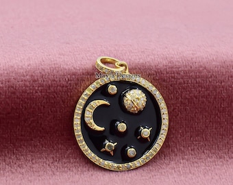 14K Yellow Gold Enamel Star Moon Pendant, Diamond Round Pendant, Woman Necklce Gold Pendant, Wholesale Gold Pendant Jewelry