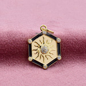14K Yellow Gold Enamel Star Moon Pendant, Diamond Round Pendant, Woman Necklace Pendant Jewelry