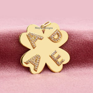 14K Yellow Gold Plated Four Letter Pendant, Clover Initial Pendant, Diamond Initial Pendants, Alphabet Initial Pendant Necklace
