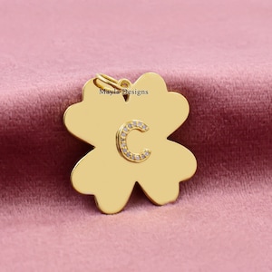 14K Yellow Gold Plated Clover Initial Pendant, Clover Initial Pendant, C Diamond Letter Initial Pendant, Alphabet Initial Pendant Necklace